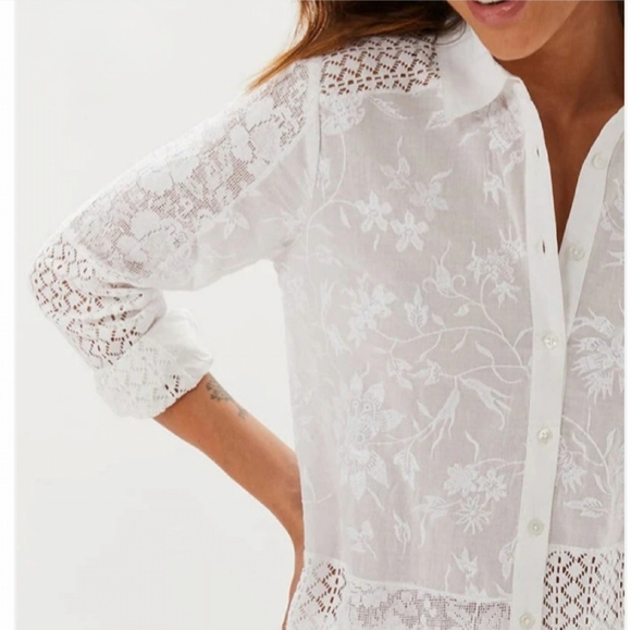 NWT ECRU STYLE Floral Embroidered Lace Detail White Button Shirt Top M - Picture 3 of 12